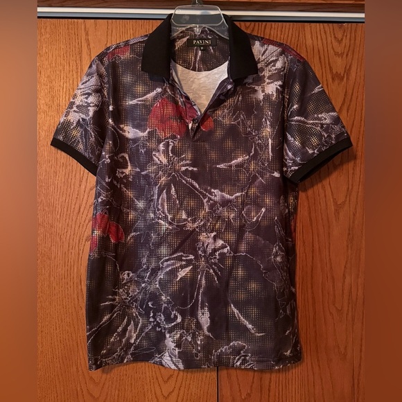 Pavini Mens Size Medium Short Sleeve 3 Button Polo Shirt Light Stretch Abstract - Picture 1 of 11